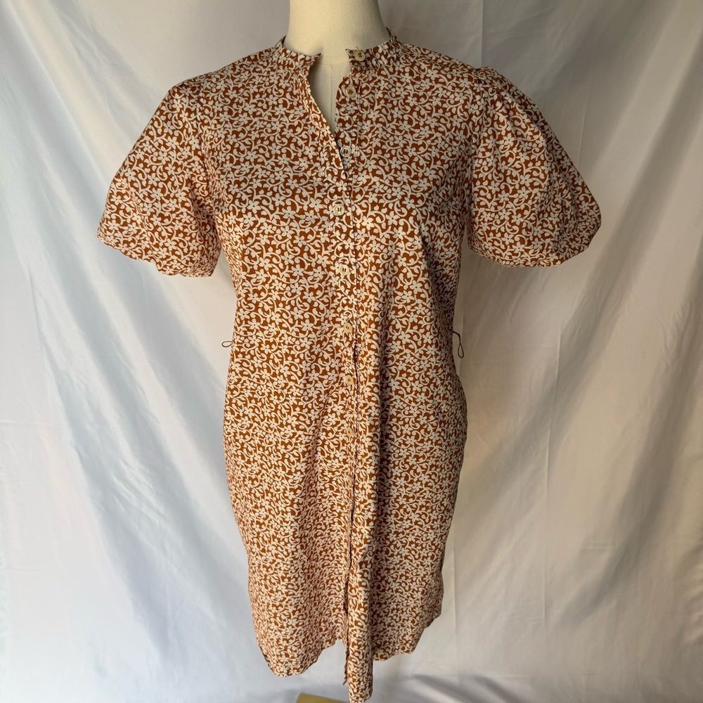 Boden Pumpkin Flower Puff Sleeve Shirt Dress Brown/White Size 2 100%Cotton